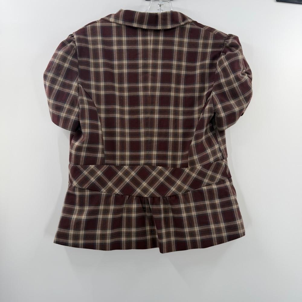 Stooshy Womens Plaid Y2K Short Sleeve Blazer Burgundy Brown Metallic Gold Large - Picture 2 of 12